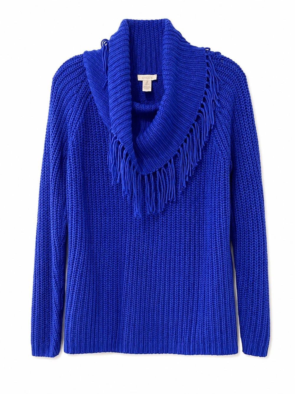 Chico’s Size 2 L Cobalt Blue Fringe Cowl Neck Chunky Knit Sweater